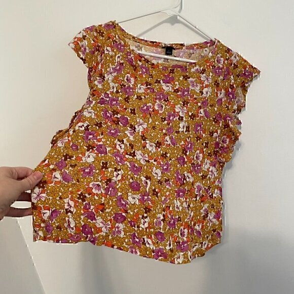 ANN TAYLOR Floral Linen Flutter Sleeve Tee White Mustard Pink Short Sleeve Top S - Picture 8 of 12